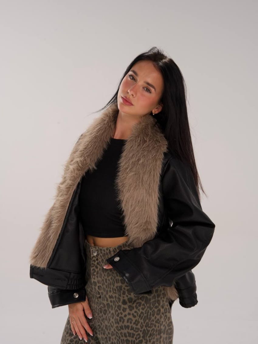 Faux Fur collar leather jacket