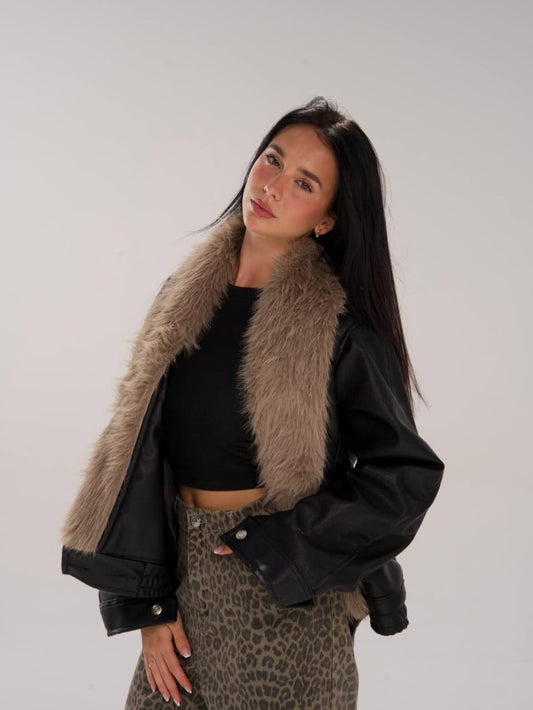 Faux Fur collar leather jacket
