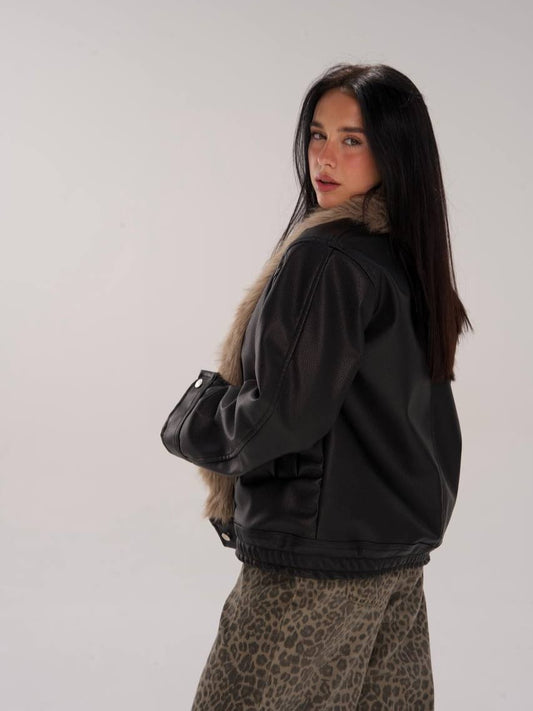 Faux Fur collar leather jacket